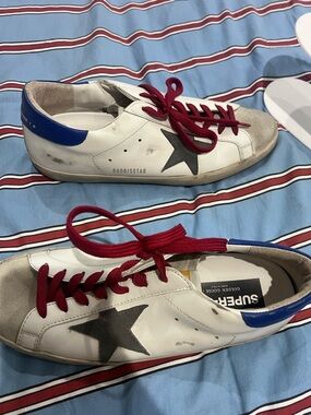 Golden Goose White Leather Sneakers with Black Insole Label & Blue Heel